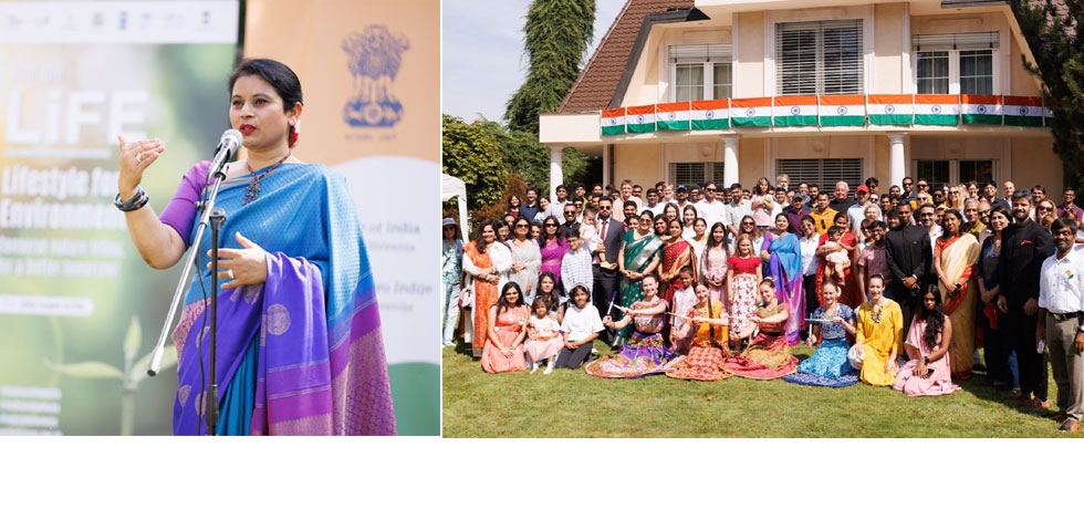 Ambassador H.E Namrata S. Kumar addressing the guests at the celebration of 78th Independence Day of India – 15 August 2024 with fellow Indians and friends of India .